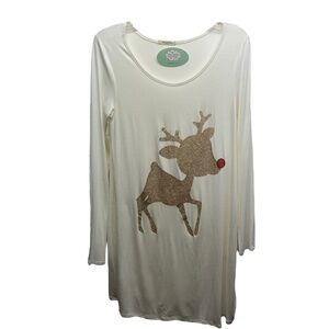 Rudolf Red Nosed Reindeer Womens 12pm By Mon Ami Tunic Top Ivory Oversized S